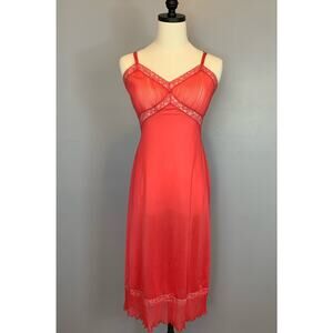 Vintage 50s Vanity Fair Slip Dress Coral Accordion Pleats Semi Sheer Nylon Lace